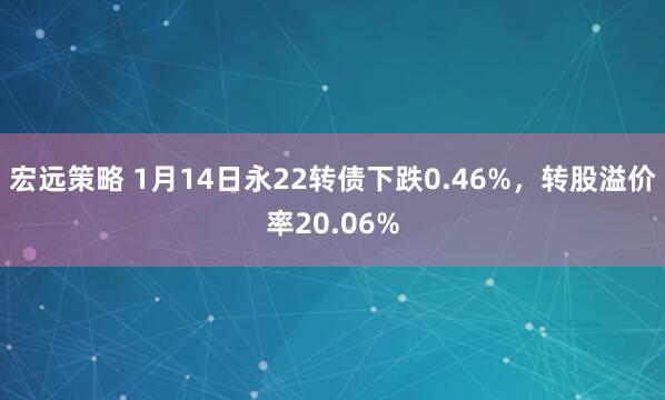 宏远策略 1月14日永22转债下跌0.46%，转股溢价率20.06%